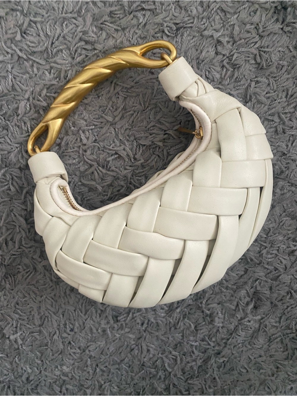 JW PEI White Woven Crescent Bag with Gold Sculpted Handle
